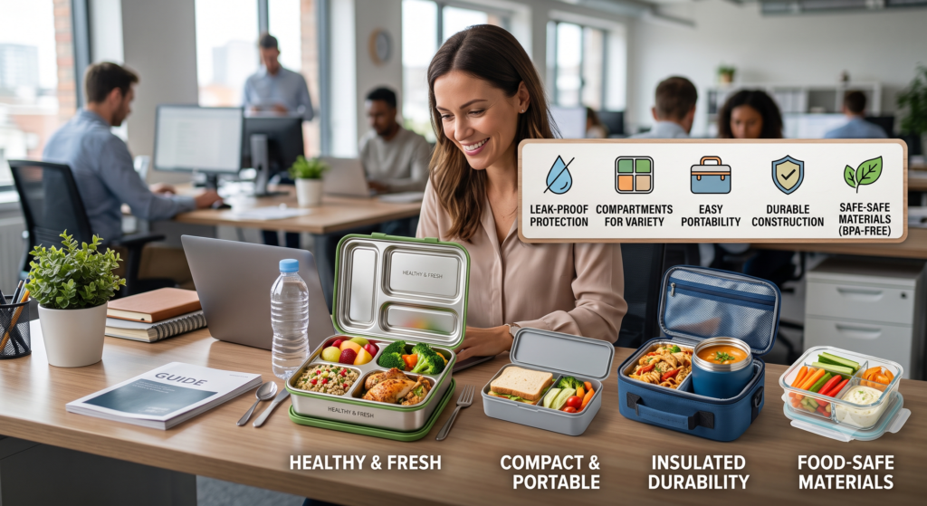 An infographic-style image of a woman at her office desk looking at four different types of meal-prep containers: a stainless steel bento box, a compact plastic container, an insulated lunch bag, and a glass container. Text overlays highlight features like "Healthy & Fresh" and "Food-Safe Materials," while a graphic banner lists benefits including leak-proof protection, variety compartments, and portability.