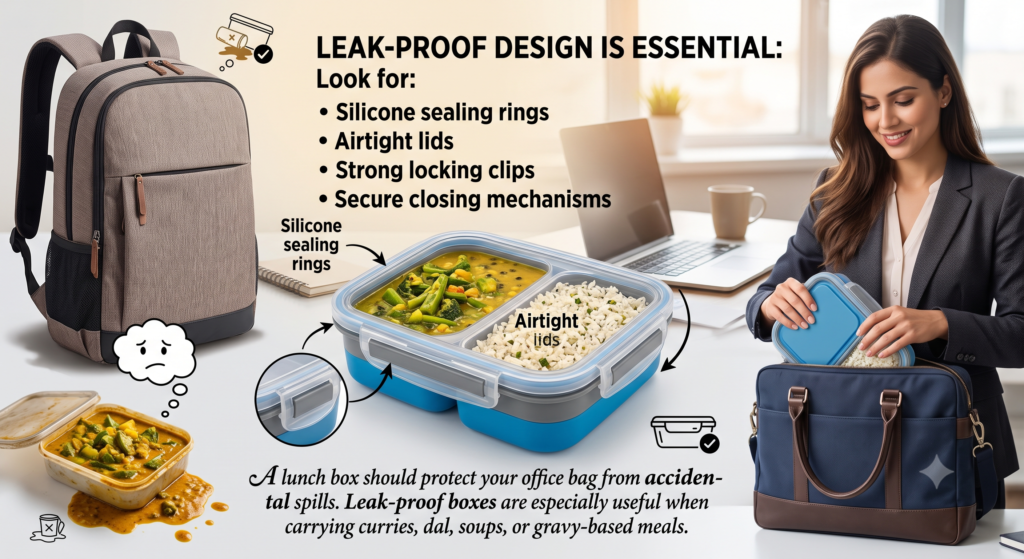 Infographic about leak-proof lunch boxes featuring a professional woman placing a secure bento box into an office bag, contrasted with a spilled curry nightmare scenario next to a backpack. Includes annotated details highlighting silicone sealing rings, airtight lids, and strong locking clips.