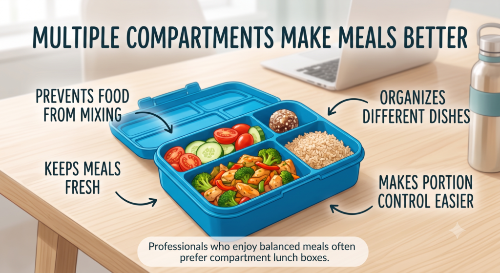 An educational infographic titled "Multiple Compartments Make Meals Better." The image shows an open blue lunch box with separate compartments on a wooden office desk next to a laptop and a water bottle. The compartments organize a balanced meal containing chicken stir-fry with broccoli, brown rice, a fresh salad with sliced cucumbers and cherry tomatoes, and a small snack. Labels with arrows point to the lunch box, highlighting advantages: "Prevents food from mixing," "Keeps meals fresh," "Organizes different dishes," and "Makes portion control easier." A caption at the bottom reads, "Professionals who enjoy balanced meals often prefer compartment lunch boxes."