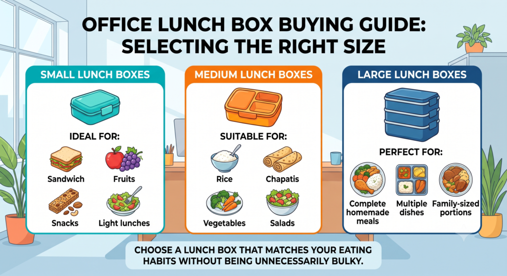 An educational infographic titled "OFFICE LUNCH BOX BUYING GUIDE: SELECTING THE RIGHT SIZE". The graphic is divided into three distinct vertical panels—teal, orange, and blue—set against a light office background.

Left Teal Panel: Titled "SMALL LUNCH BOXES," it shows a single-compartment teal container. Below the heading "IDEAL FOR:", it features four illustrated food items: a sandwich, fruits (apple and grapes), snacks (a granola bar and nuts), and a light lunch salad.

Middle Orange Panel: Titled "MEDIUM LUNCH BOXES," it features a bento-style orange container with separate compartments. Below the heading "SUITABLE FOR:", it displays four food illustrations: a bowl of rice, chapatis, a plate of vegetables (broccoli and carrots), and a salad bowl.

Right Blue Panel: Titled "LARGE LUNCH BOXES," it illustrates a three-tiered stacked blue lunch box. Below the heading "PERFECT FOR:", it shows illustrations for complete homemade meals (a plate with chicken, rice, and greens), multiple dishes (a four-compartment tray), and family-sized portions (a large bowl of stew).

At the bottom, a banner spans across the image with the concluding advice: "CHOOSE A LUNCH BOX THAT MATCHES YOUR EATING HABITS WITHOUT BEING UNNECESSARILY BULKY."