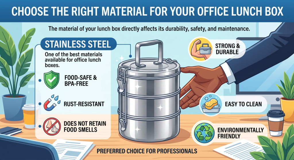 An informative infographic titled "Choose the Right Material for Your Office Lunch Box," featuring a three-tiered stainless steel tiffin container on an office desk. Surrounding the lunch box are labeled icons highlighting benefits like "Food-Safe & BPA-Free," "Rust-Resistant," "Strong & Durable," "Easy to Clean," and "Environmentally Friendly."